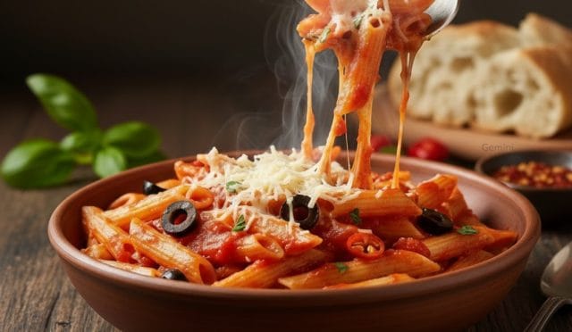 Üzerinde dumanı tüten, bol domates soslu, siyah zeytinli ve erimiş kaşar peyniri ile süslenmiş sıcak Penne Arrabbiata kalem makarna tabağı.