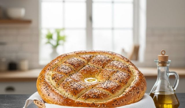 Üzeri çörek otu ve susamlı, baklava dilimi desenli, taze pişmiş çıtır Ramazan pidesi sunumu.