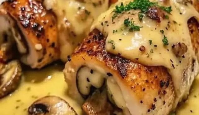Lüks bir sunum tabağında, içinden peynir ve mantar sızan, üzeri parmesan ve taze maydanozla süslenmiş sarımsaklı tereyağlı tavuk dolması.