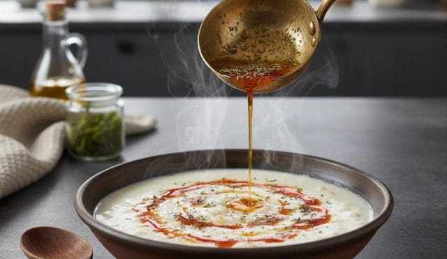 Geleneksel bir çorba kasesinde, üzerine kuru nane ve tereyağı sosu gezdirilmiş, bol yoğurtlu ve pirinçli sıcak yayla çorbası.