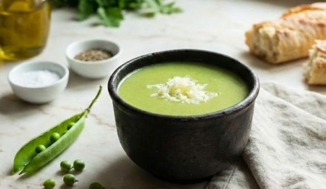 Patatesli bezelye çorbası yapımı ile hazırlanan, koyu kıvamlı ve lezzetli sütsüz kremasız bezelye çorbası sunumu.