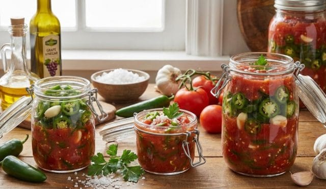 Kış boyunca erimeyen ve kütür kütür kalan, domates soslu ve zeytinyağlı jalapeno turşusu kavanozları. Yanında kaya tuzu, üzüm sirkesi, sarımsak ve taze Meksika biberleri ile tam ölçülü kışlık turşu kurulumu.