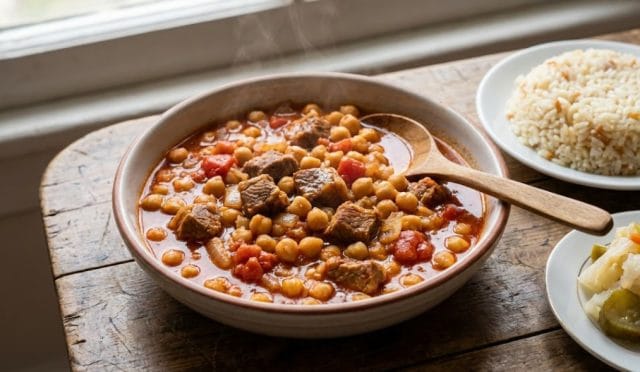 Koyun eti ve zeytinyağı ile kısık ateşte pişmiş, domates soslu yumuşacık etli nohut yemeği sunumu ve yanında pirinç pilavı.