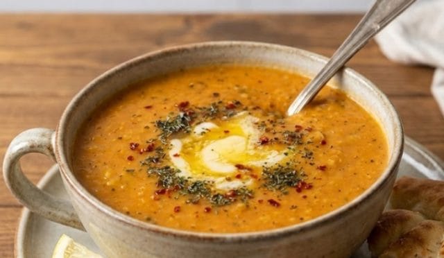 Tereyağlı ve naneli sos ile servis edilen tam kıvamında Ezogelin çorbası tarifi sunumu. Yanında pide ve limon ile şifalı çorba tabağı.