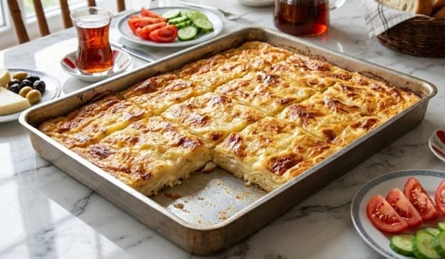 Fırın tepsisinde üzeri nar gibi kızarmış, bol peynirli ve beşamel soslu dilimlenmiş makarna yemeği sunumu.