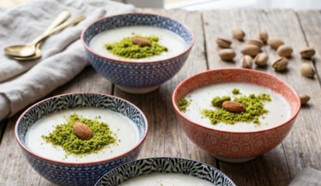 Tam kıvamında bademli keşkül tarifi görseli. Sütlü tatlılar kategorisi için fıstıkla süslenmiş, pirinç unlu orijinal keşkül sunumu.