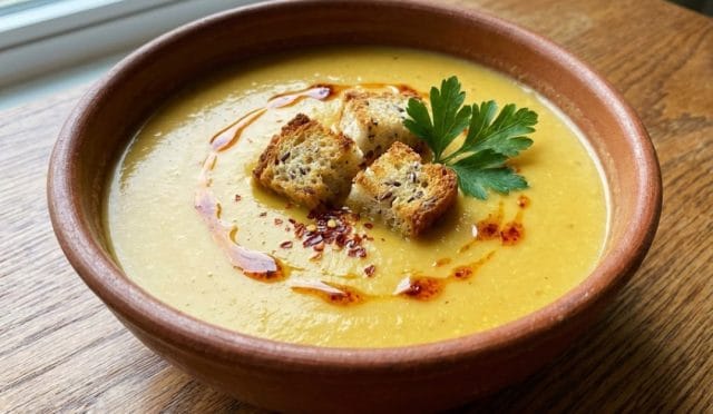 Kızarmış ekmek kıtırları (kruton) ve biberli yağ sosu ile servis edilen tam kıvamında kırmızı mercimek çorbası tarifi sunumu. Toprak kasede dumanı üstünde şifa deposu çorba görseli.