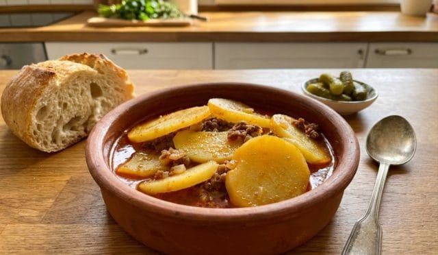 Tencerede pişmiş kıymalı patates yemeği tarifi görseli. Mutfak masasında servis edilen, salçalı ve soğanlı sulu patates yemeği.