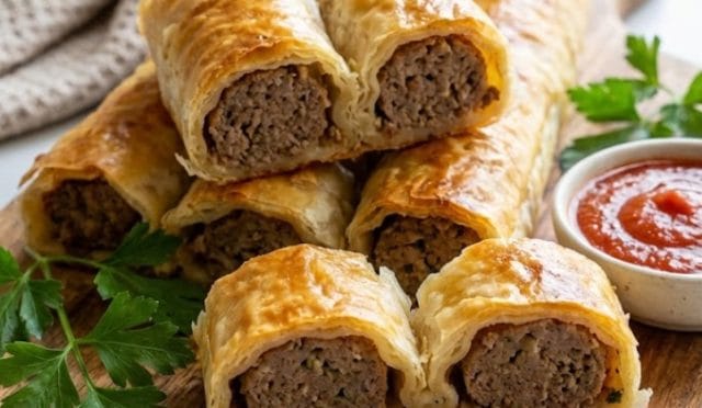 Kebap tadında içi köfteli rulo börek tarifi sunumu. Dilimlenmiş çıtır hamur işi, domates sosu ve taze maydanoz eşliğinde ahşap tahtada servis görseli.