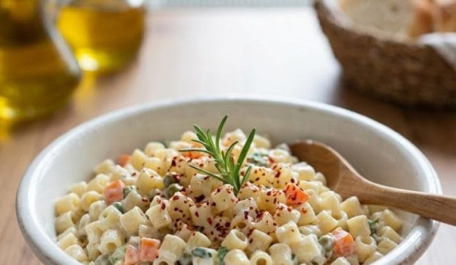 Ahşap masa üzerinde beyaz seramik kasede sunulan, içinde tahta kaşık bulunan, üzeri pul biber ve taze biberiye süslemeli, bol yoğurtlu ve garnitürlü boncuk makarna salatası.
