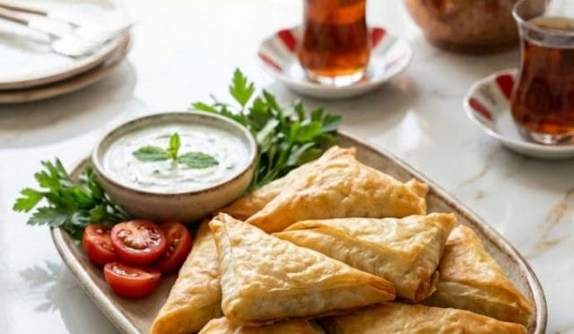 Geniş bir servis tabağında sunulan, yanında domates ve salatalıkla servis edilmiş, nar gibi kızarmış altın sarısı peynirli muska böreği.
