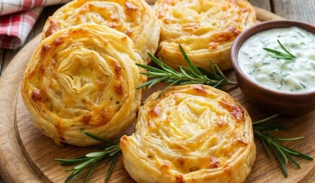 Hazır yufkadan pratik patatesli rulo börek tarifi sunumu. Üzeri kaşarlı, fırında kızarmış dilim börek görseli.
