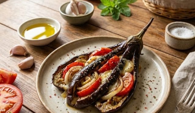 RenkliTarifler.com pratik yemek tarifleri kategorisi için hazırlanan, fırında kaşarlı patlıcan yemeği ve taze sebzelerle zenginleştirilmiş sunum görseli.