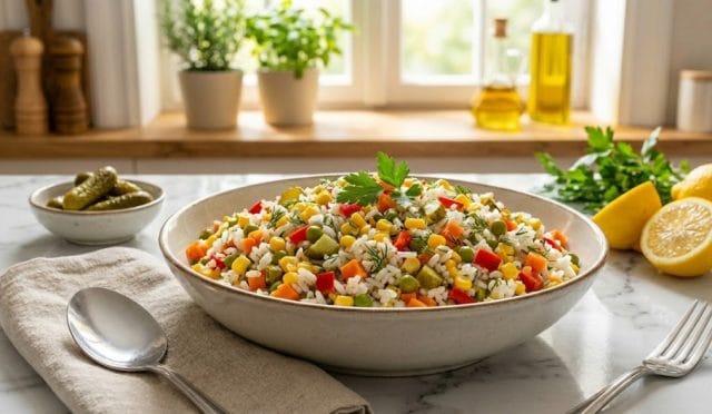 Gökkuşağı renkleriyle sofraları şenlendiren, mısır ve turşunun ferahlatıcı uyumuyla hazırlanan garnitürlü pirinç salatası. Özellikle çay saatleri ve gün tabakları için hem görsel bir şölen hem de doyurucu bir lezzet alternatifi. Tarifi için tıklayın!