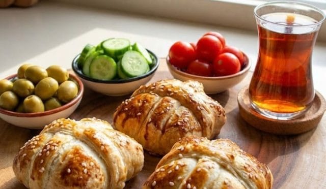 Milföy hamurundan pratik pastırmalı ve kaşarlı talaş böreği tarifi görseli. Çay saatleri için hazırlanmış, dumanı tüten çıtır börek tabağı.