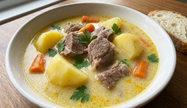 Limon ve yumurta sarısı terbiyeli sebzeli kuzu eti tarifi sunumu. Bol etli, patatesli ve havuçlu, dumanı üstünde tencere yemeği tabağı ve ekmek.