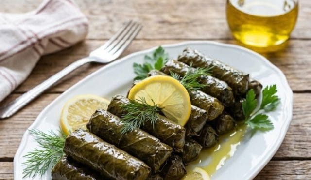 Limon ve dereotu ile süslenmiş, parlak görünümlü incecik zeytinyağlı yaprak sarma tarifi sunumu. Yanında yoğurt ile servis edilen Ege usulü sarma tabağı.
