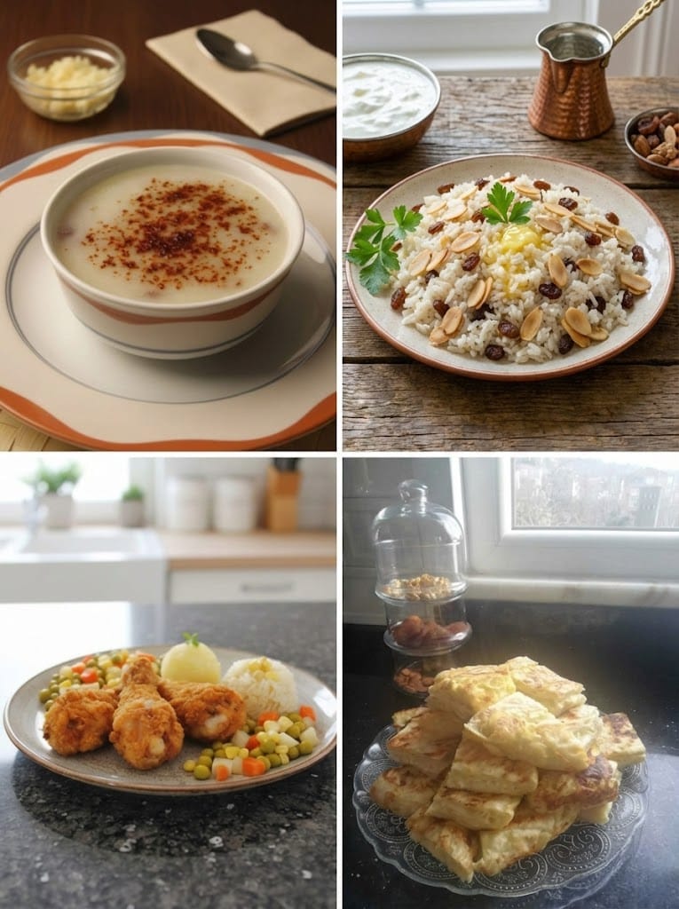 RenkliTarifler.com 11. gün iftar menüsü kolajı; pul biberli çorba kasesi, bademli kuş üzümlü pilav tabağı, garnitürlü kızarmış tavuk bagetler ve cam tabakta servis edilen dilimlenmiş börekler.