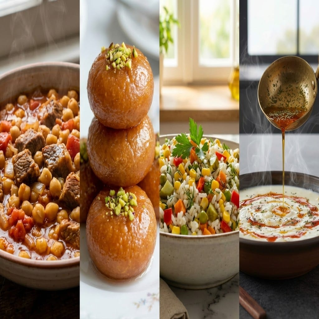RenkliTarifler.com 12. gün iftar menüsü kolajı; sıcak mercimek çorbası kasesi, soslu köfte tabağı, şehriyeli pirinç pilavı ve servis tabağında şekerpare tatlısı.