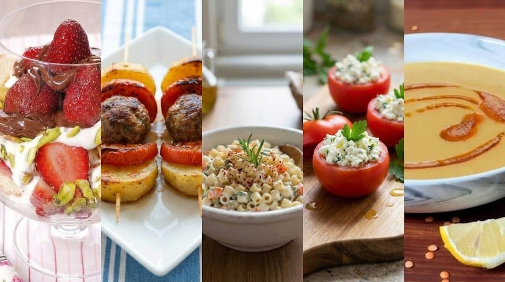 RenkliTarifler.com 13. gün iftar menüsü kolajı; sıcak şehriye çorbası, renkli biberli tavuk sote, sebzeli bulgur pilavı ve servis tabağında sütlü tatlı görseli.