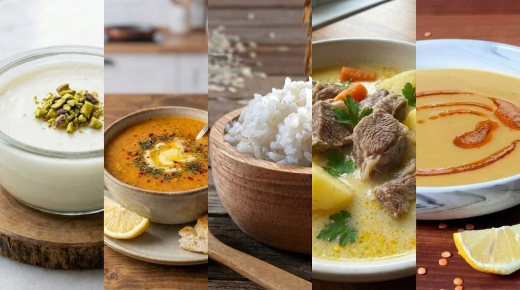 RenkliTarifler.com 14. gün iftar menüsü kolajı; sıcak tarhana çorbası kasesi, fırın köfte tabağı, pirinç pilavı ve üzerine hindistan cevizi serpilmiş revani dilimi.