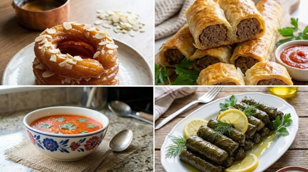 RenkliTarifler.com 15. gün iftar menüsü kolajı; sıcak yayla çorbası kasesi, tas kebabı tabağı, şehriyeli pirinç pilavı ve bir tabak baklava diliminden oluşan iştah açıcı Ramazan sofrası.