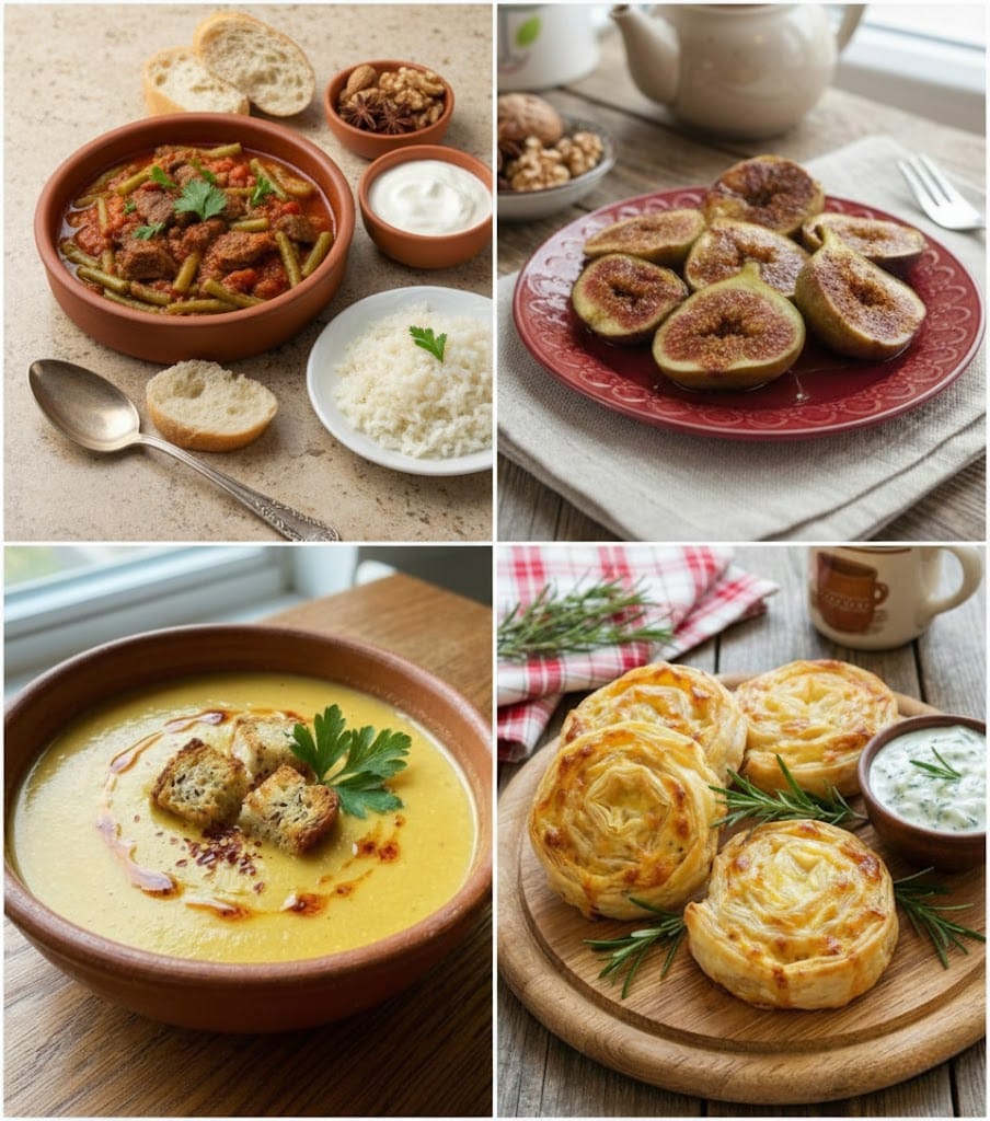 RenkliTarifler.com 16. gün iftar menüsü kolajı; krutonlu mercimek çorbası, etli taze fasulye ve pilav tabağı, üç adet gül böreği ve kırmızı tabakta servis edilen pişmiş incir tatlısı.