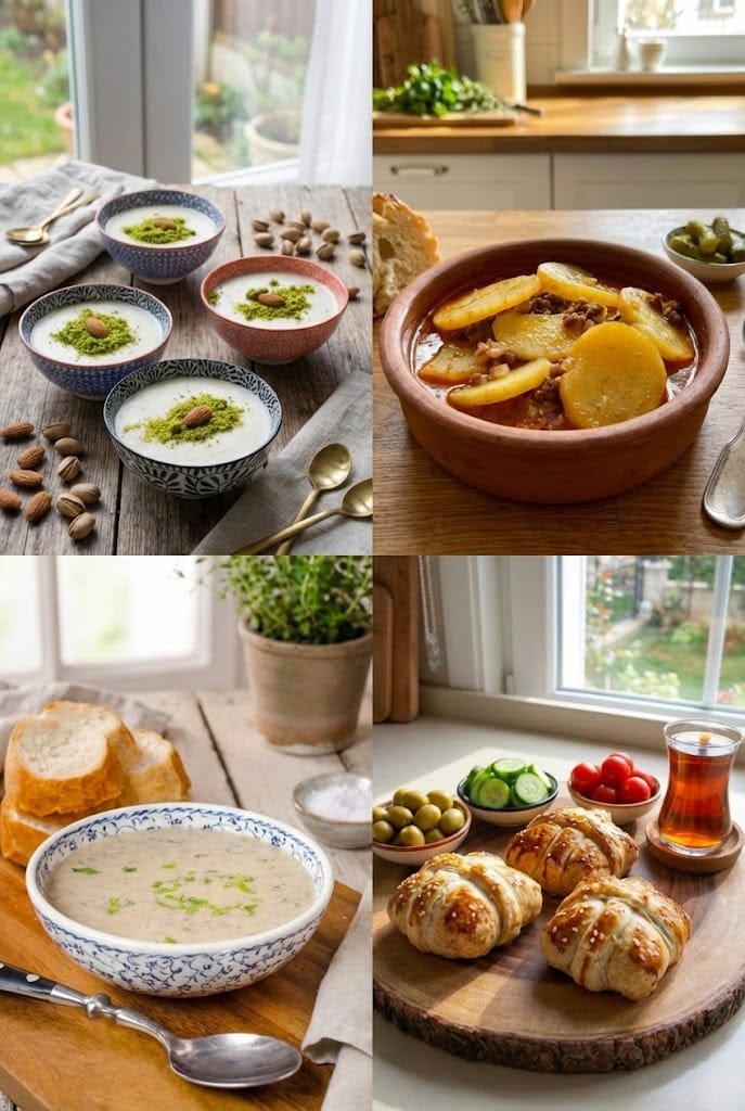RenkliTarifler.com 17. gün iftar menüsü kolajı; kaselerde servis edilen Antep fıstıklı sütlü tatlı, güveçte patates oturtma yemeği, geniş kasede mantar çorbası ve tahta servis tabağında poğaçalar ile çay bardağı.