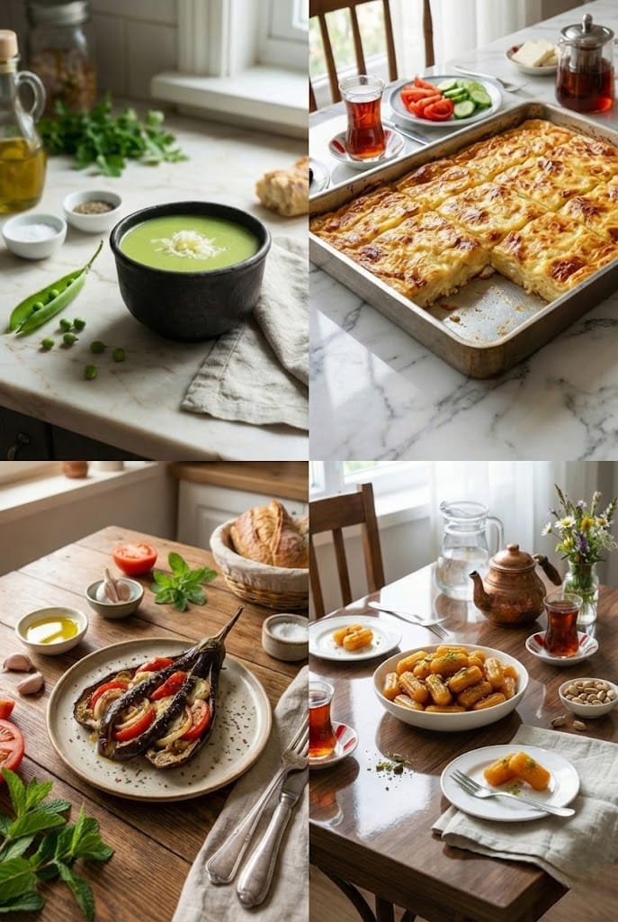 RenkliTarifler.com 18. gün iftar menüsü kolajı; siyah kasede servis edilen kremalı bezelye çorbası, tabakta domatesli patlıcan yemeği, tepside dilimlenmiş peynirli börek ve tabaklarda sunulan şerbetli halka tatlısı.