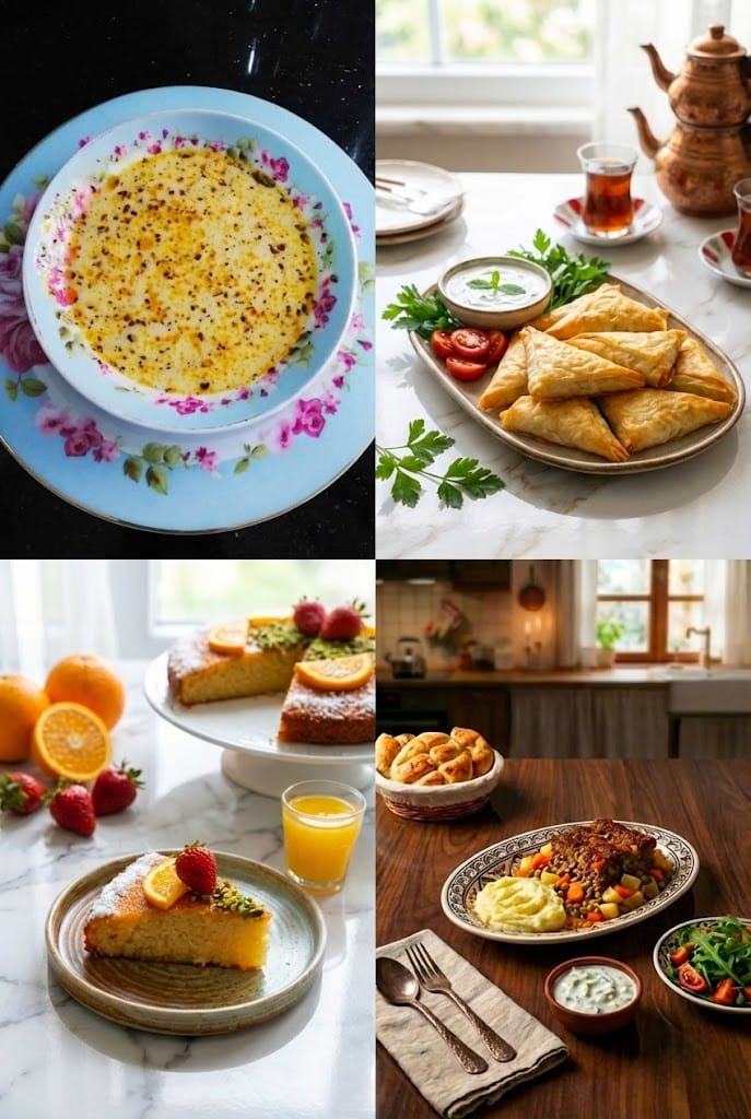 RenkliTarifler.com 19. gün iftar menüsü kolajı; çiçekli porselen tabakta baharatlı çorba, yanında yoğurt sosuyla servis edilen muska börekleri, püre ve sebzeli ana yemek tabağı ve meyvelerle süslenmiş portakallı kek dilimi.