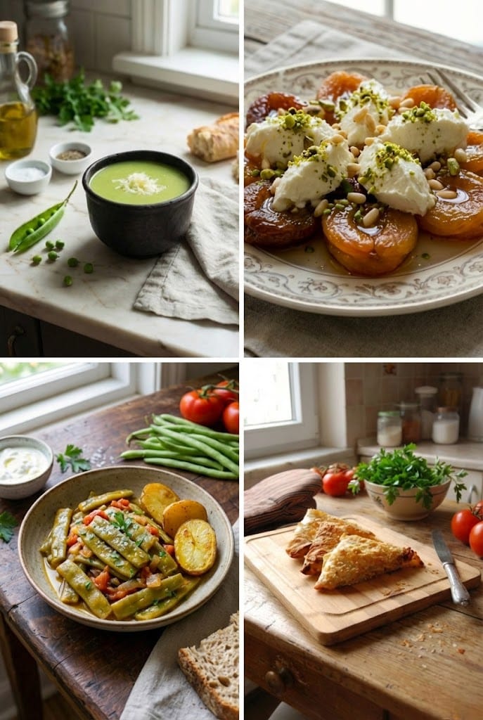 RenkliTarifler.com 20. gün iftar menüsü kolajı; siyah kasede bezelye çorbası, tabakta patatesli taze fasulye yemeği, tahta üzerinde muska börekleri ve şık bir tabakta kaymaklı Antep fıstıklı kayısı tatlısı.