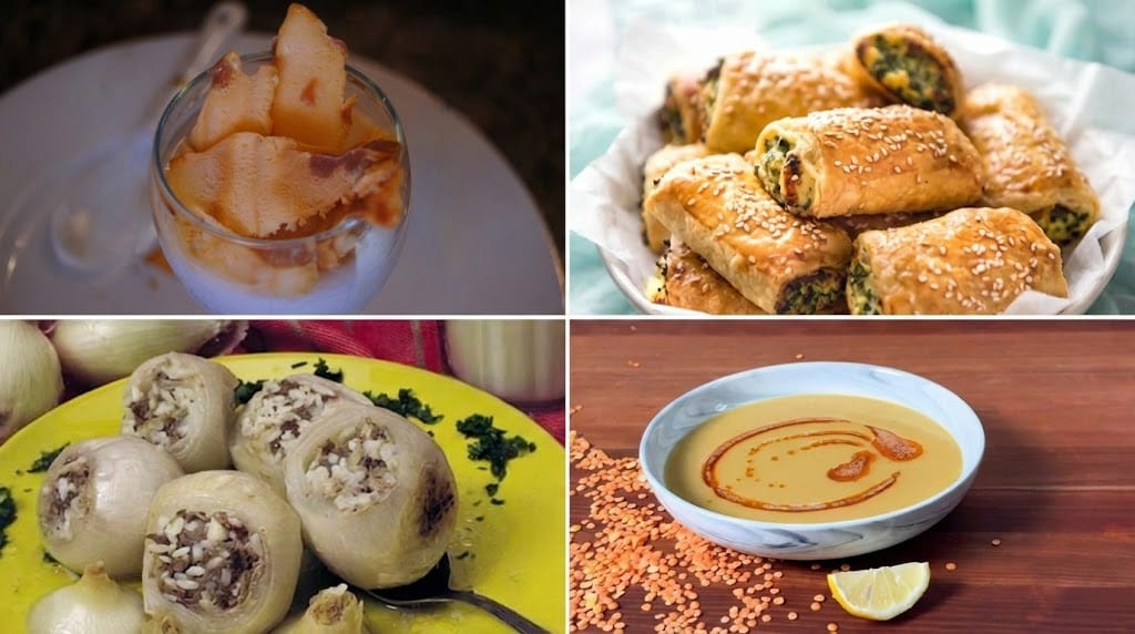RenkliTarifler.com 7. gün iftar menüsü; süzme mercimek çorbası, ıspanaklı rulo börek, soğan dolması ve meyveli tatlıdan oluşan dörtlü yemek kolajı.