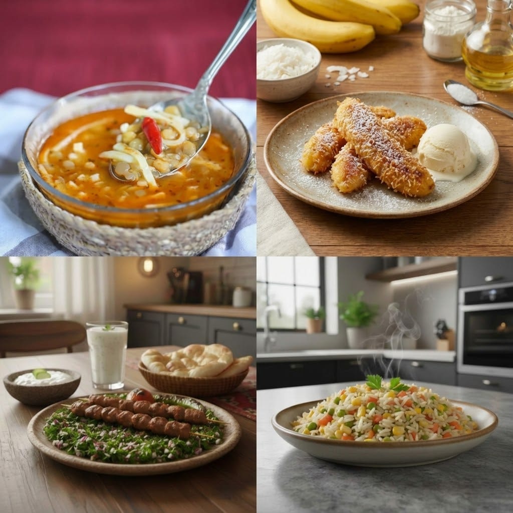 RenkliTarifler.com 10. gün iftar menüsü; kasede domates çorbası, köfte-patates tabağı, mevsim salatası ve kadayıf tatlısından oluşan dörtlü yemek görseli.