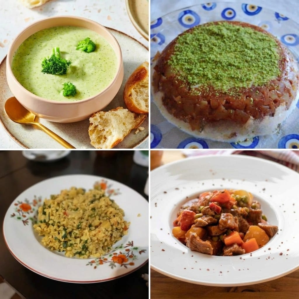RenkliTarifler.com 8. gün iftar menüsü kolajı; kremalı brokoli çorbası, sebzeli et yemeği, sebzeli bulgur pilavı ve üzeri bol Antep fıstıklı tatlı tabağı.