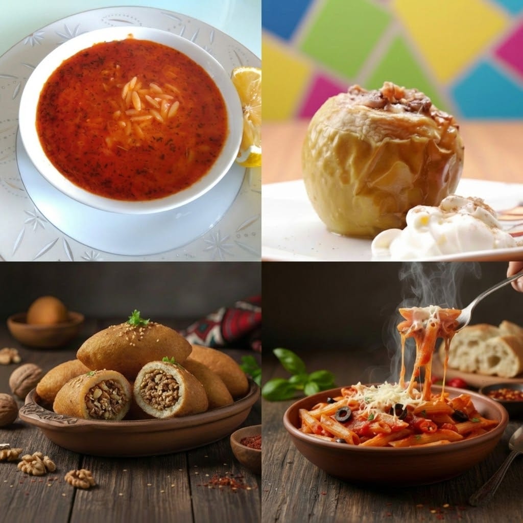 RenkliTarifler.com 9. gün iftar menüsü; yayla çorbası, hünkar beğendi, pirinç pilavı ve Kemalpaşa tatlısından oluşan, iştah açıcı Ramazan sofrası kolajı.