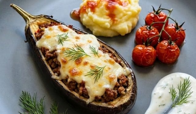 Fırın tepsisinde nar gibi kızarmış, üzeri erimiş kaşar peyniri kaplı, içi bol kıymalı ve domates soslu, dereotu ile süslenmiş nefis kaşarlı karnıyarık sunumu.