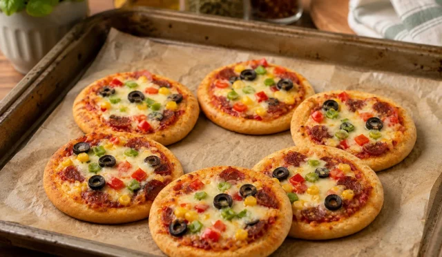 Fırından yeni çıkmış, üzeri bol kaşarlı ve malzemeli, puf puf kabarmış porsiyonluk pizzalar