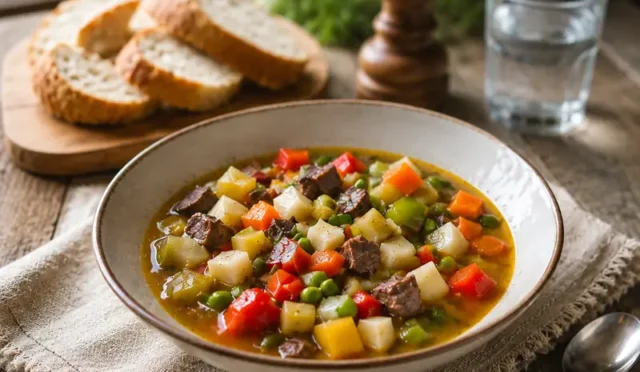 Kerevizli Orman Kebabı tencerede pişen haliyle, içerisinde et, havuç, patates, kereviz ve bezelye görünüyor.