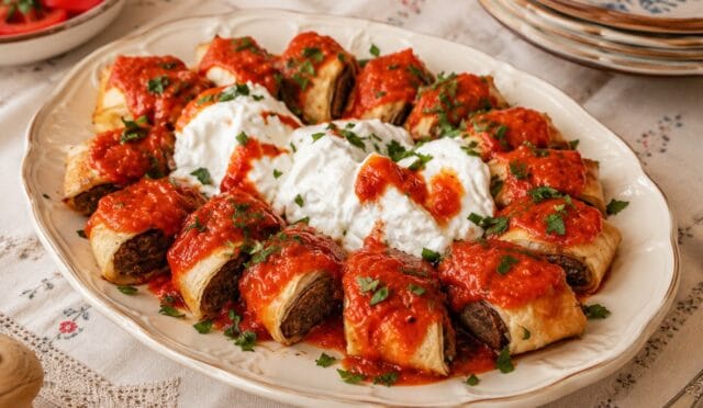 Dilimlenmiş ve domates sosu gezdirilmiş, yanında yoğurt ile sunulan fırında Beyti Kebabı tabağı.