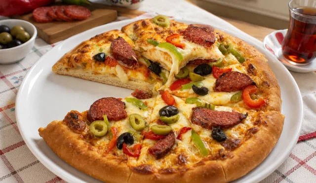 Fırından yeni çıkmış, üzeri sucuk, biber, zeytin ve erimiş kaşarla kaplı dondurucuya uygun ev yapımı pizza dilimi.