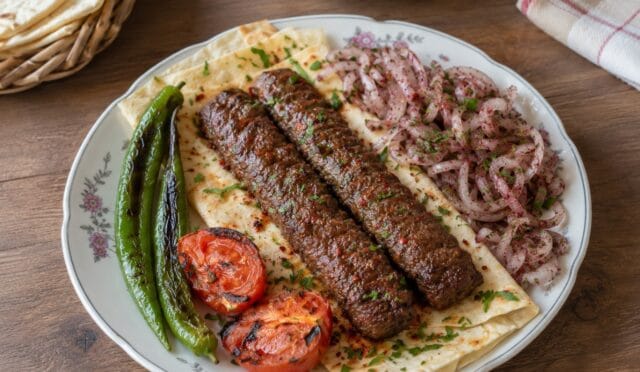 Fırında Tepsi Kebabı, sumaklı soğan salatası, közlenmiş domates ve biber ile lavaş ekmeği üzerinde servis ediliyor.