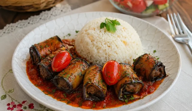 Domates sosu içinde pişmiş, üzerinde çeri domatesler ve ince kıyılmış maydanoz bulunan köfteli patlıcan sarmaları.