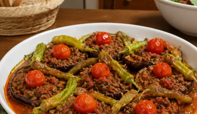 Fırından yeni çıkmış, üzeri çeri domates ve biberlerle süslenmiş, kızarmış patlıcan dilimlerinden oluşan Patlıcan Oturtma yemeği