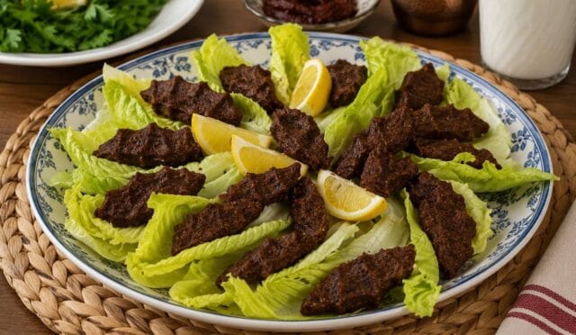 Robotta hazırlanmış, şekil verilmiş çiğköfteler yanında taze marul yaprakları, limon dilimleri ve nar ekşisi sosu ile servis ediliyor.