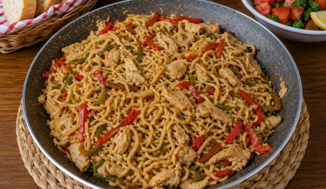 Renkli sebzeler ve tavuk parçalarıyla zenginleştirilmiş, soya soslu tavuklu noodle tabağı.