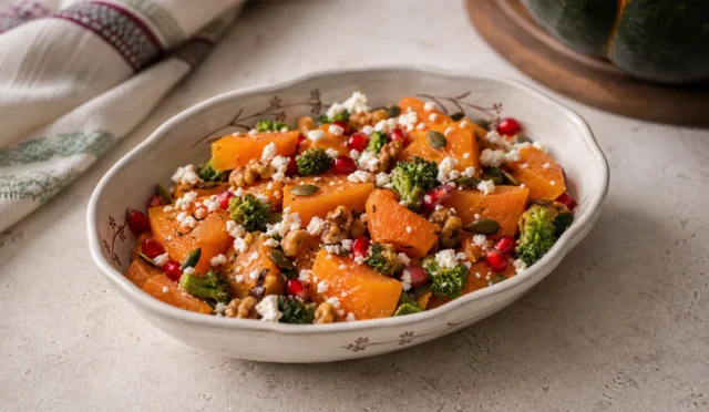 Fırında pişmiş butternut kabak, nar taneleri ve lor peyniriyle hazırlanmış renkli tatlı kabak salatası