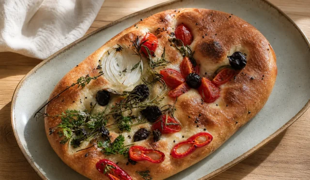 Altın renginde, hafif kabarmış ekşi mayalı focaccia ekmeği