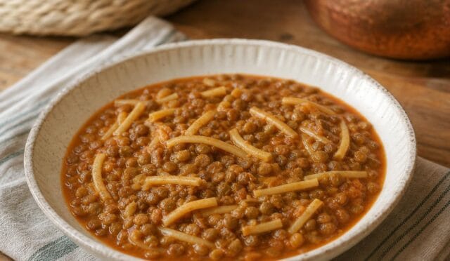 Sıcak ve doyurucu erişteli yeşil mercimek yemeği tabağı