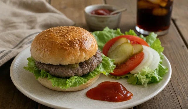 Taze hazırlanmış ev yapımı hamburger, marul ve domatesle servis edilmiş
