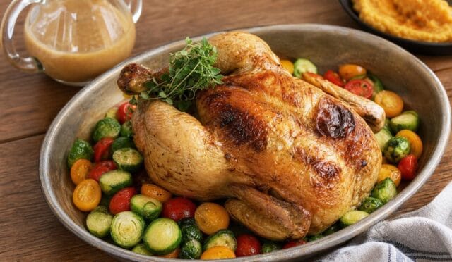 Fırında tereyağlı tavuk ve iç pilavı servis tabağında